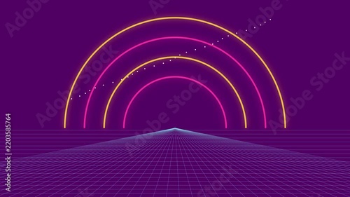 Retrowave Grid Landscape With Glowing Neon Arcs and Purple Background Motion Graphics