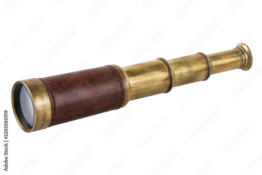 Fototapeta premium Vintage brass and brown leather telescope with a classic design, positioned diagonally on a clean white background