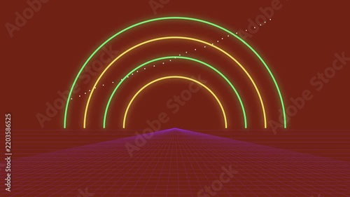Retrowave Synthwave Landscape With Glowing Arcs and Digital Grid Motion Graphics