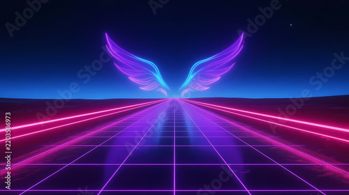 Neon purple wings against starry grid