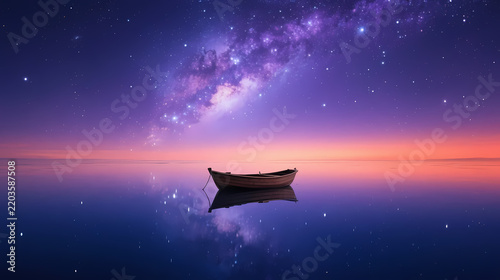 Dark boat on calm water under purple-pink galaxy