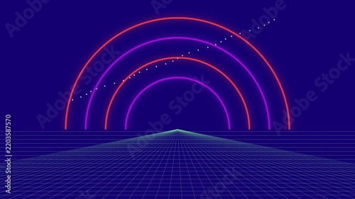 Retro Synthwave Grid Animation With Glowing Neon Arcs and Moving Particles in Cyberpunk Style