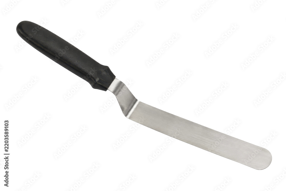 Fototapeta premium Professional stainless steel offset spatula with a black plastic handle is angled on a clean white background