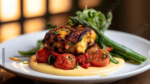 A gourmet plated dish featuring a seared patty  roasted cherry tomatoes  asparagus  and a creamy sauce