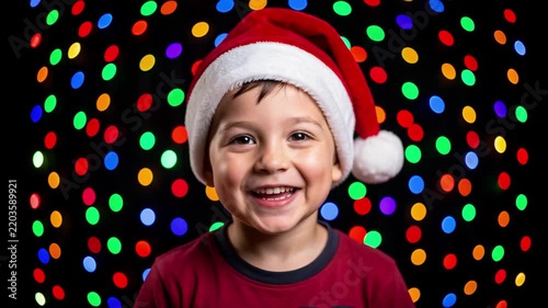 Smiling Child in Santa Hat with Bokeh Lights.