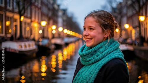 Smiling Woman by Canal at Dusk.