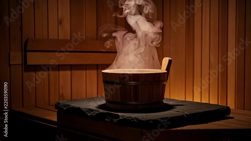 Steaming Spa Bath in Wooden Sauna.