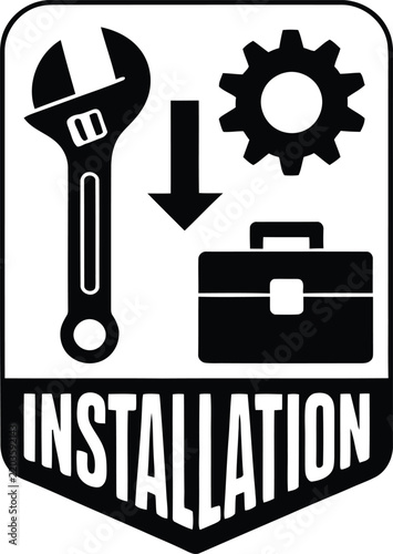 Installation sign with adjustable wrench, gear and toolbox symbol for industrial maintenance