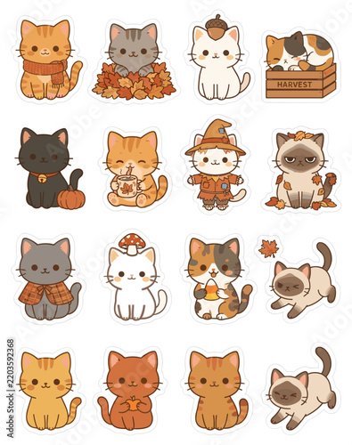 Cute Autumn Themed Kawaii Cat Stickers Vector Set