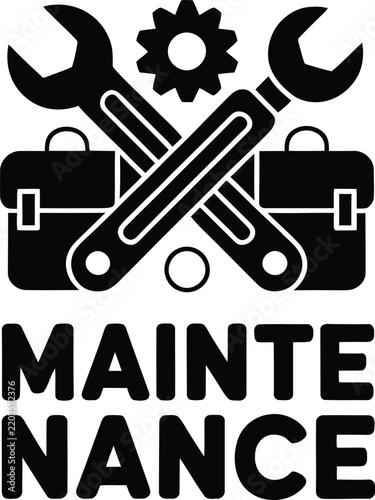 Maintenance service icon with crossed wrenches, gear, and tool bags for repair or support