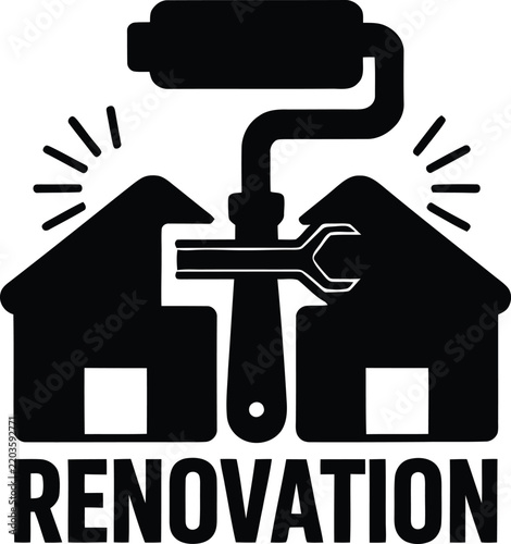 Renovation icon featuring house silhouettes with paint roller and wrench symbol construction