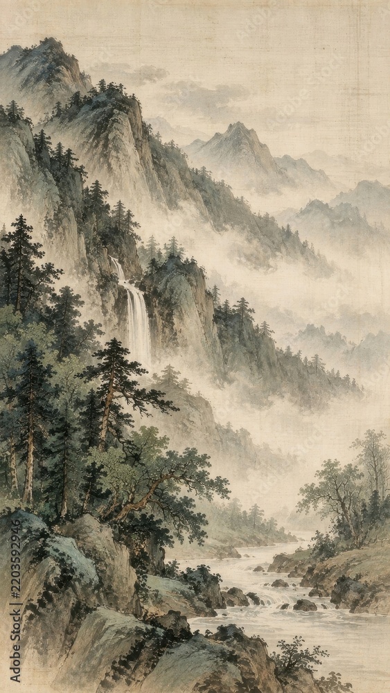 Obraz premium Traditional Asian landscape mobile wallpaper, misty mountains, waterfall, river
