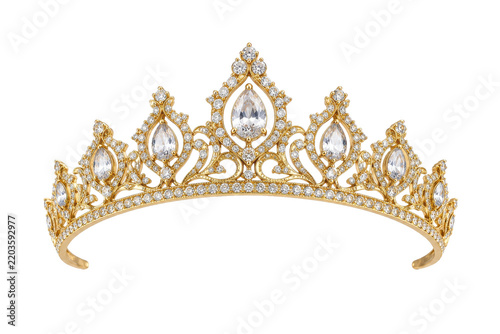 Obraz na płótnie Exquisite golden tiara adorned with sparkling diamonds and large pear-shaped gem