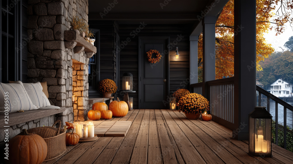 Fototapeta premium Rustic wooden porch autumn decor pumpkin candle lantern wreath cozy lakeside home
