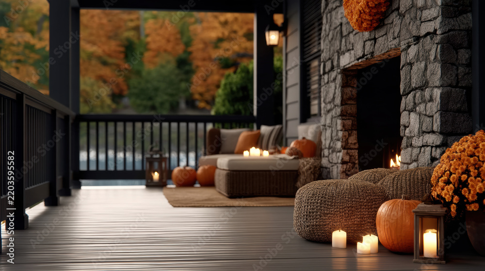 Fototapeta premium Cozy wooden porch autumn pumpkin candle lantern stone fireplace outdoor seating relaxation