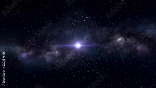 Abstract cosmic light animation radiates outward, twists into luminous blue and orange spirals, then settles into a glowing star across a deep space background
