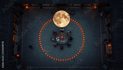 People gather in courtyard circle.