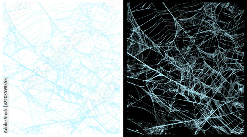 Intricate spider web texture set, spooky cobweb background patterns, realistic white gossamer silk on black and white backgrounds
