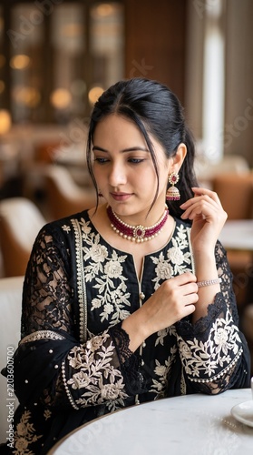 Elegant Indian woman wearing a black ethnic kurta with traditional jewelry