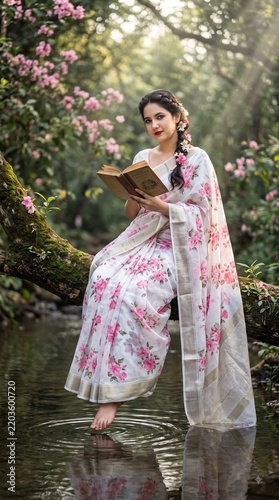 Indian woman reading a book outdoors in a floral saree