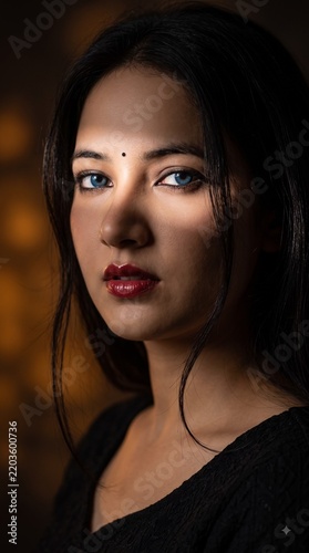 Close-up portrait of an elegant Indian woman with dramatic lighting