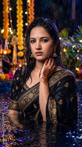 Elegant Indian woman in black saree with festive floral background