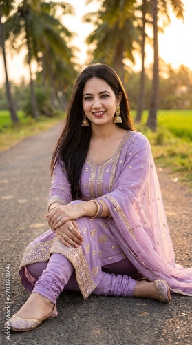 Elegant Indian woman in purple saree sitting outdoors on a rural road