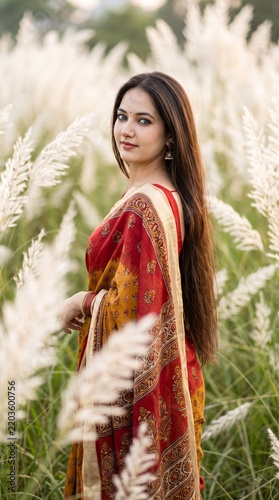 Elegant Indian woman in red saree standing in a flower meadow