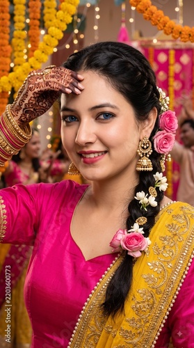 Elegant Indian woman in traditional pink festive attire
