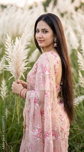 Elegant Indian woman in pink saree standing among flowers