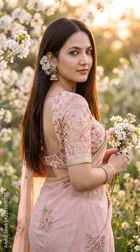 Woman in pink traditional saree standing in a flower meadow