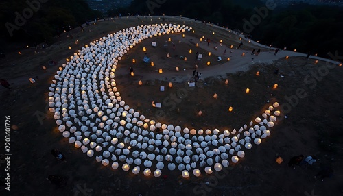 Crescent shape made of light bulbs.