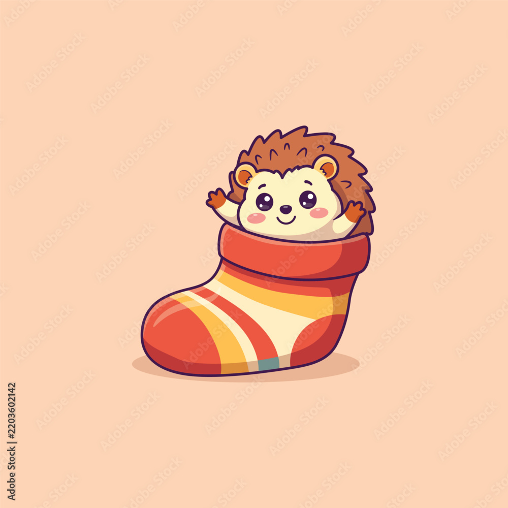 Fototapeta premium Cute Hedgehog in Autumn Striped Sock Vector Illustration