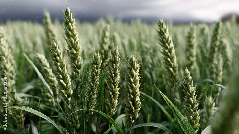 Fototapeta premium Green wheat field with tall stalks, cloudy sky, lush growth, natural landscape, outdoor agriculture scene