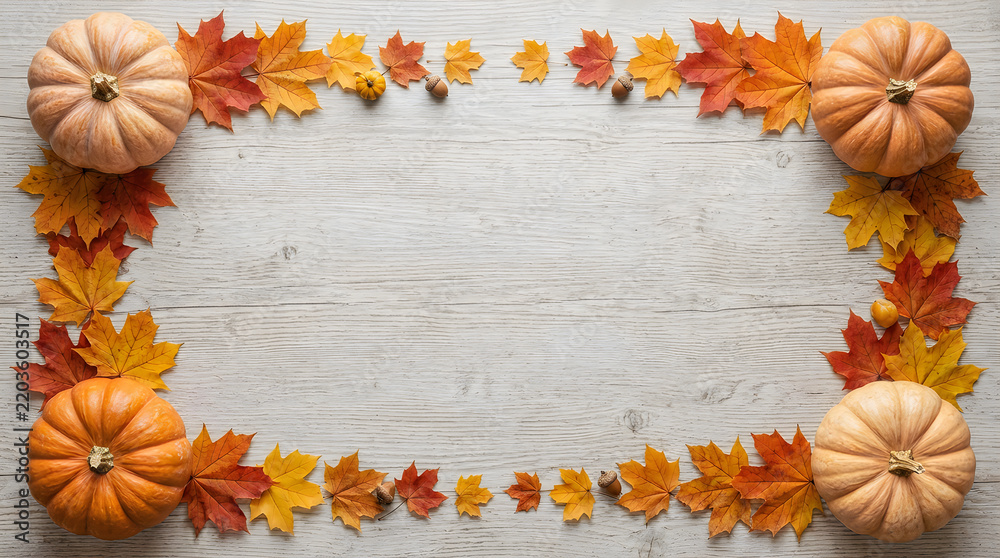 Obraz premium Autumn pumpkins and colorful fall leaves decorative border frame