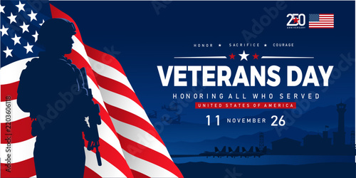 USA Veterans Day 11 November 2026 Patriotic Banner honoring military veterans with American Flag, Military Veteran Silhouette and U.S. military base. Vector Illustration
