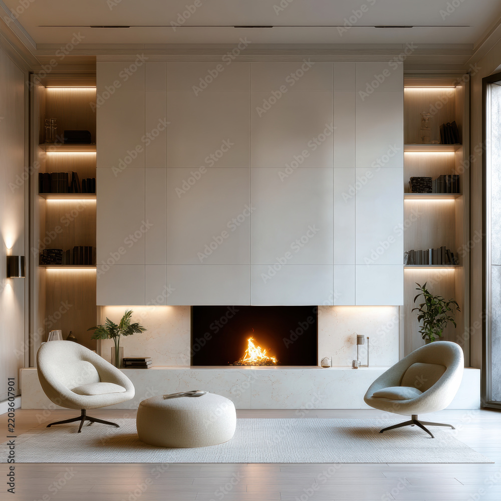 Fototapeta premium Modern living room with fireplace, minimalist decor, neutral color, cozy seating, soft lighting, elegant style