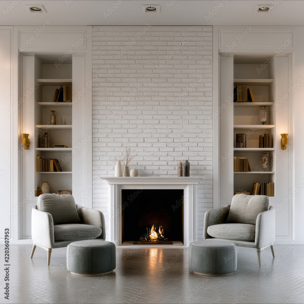 Fototapeta premium Modern living room with fireplace, armchairs, ottomans, built in shelves, neutral color, cozy, elegant style
