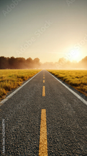 Open road sunrise countryside asphalt yellow line rural empty road horizon morning light nature