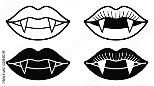 Set of four vampire mouth icons with sharp fangs and detailed lips in black and white outline and solid black silhouette styles for horror