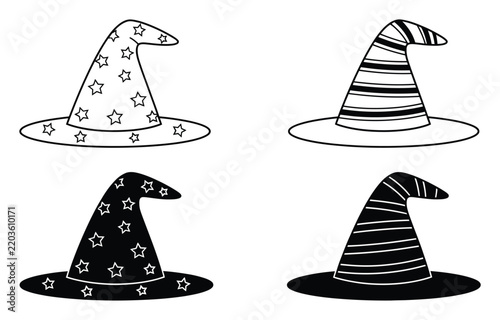 Set of four witch hat in black and white line and solid silhouette styles featuring star and stripe patterns for halloween
