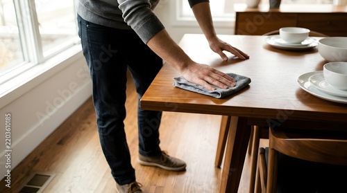 Man cleaning a wooden dining table in a bright domestic setting