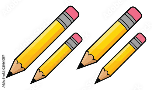 Set of four yellow wooden pencils with pink erasers, school and office stationery supplies for writing and tasks, isolated on white