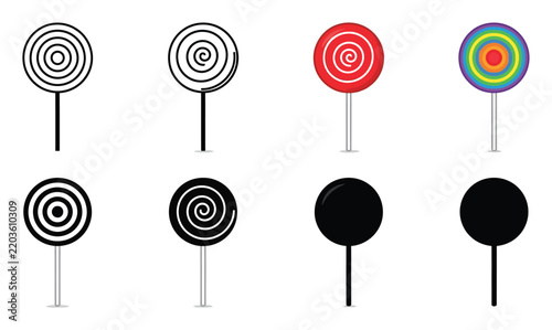 Set of lollipop candy icons in various styles including outline solid black and colorful spiral for sweet dessert collection