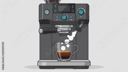 Flat Animation of Coffee Machine Making Coffee with Steam and Smoke