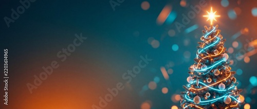 Shallow depth of field glowing christmas tree with star and colorful bokeh lights in a festive holiday scene with empty copy space for logo, text, invitations, congratulations or presentation