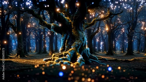 Enchanted ancient forest glowing with blue and golden lights as a slow cinematic view reveals towering trees, mossy roots, and luminous woodland atmosphere in an atmospheric fantasy setting