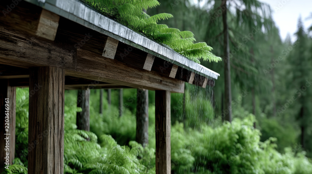 Fototapeta premium Old wooden roof with ferns growing, rain falling, lush green forest background, tranquil natural scene