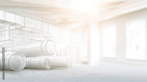 Architectural blueprint with 3D renderings of cylindrical structures in a modern building interior with soft natural light.