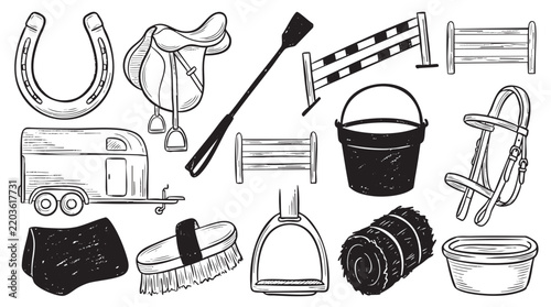 Equestrian sports equipment and horse riding gear hand drawn vector illustration set.